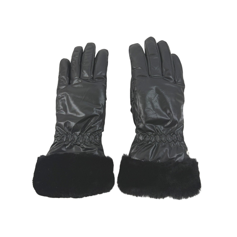 UGG Black Leather Palm Shearling Trim Quilted Winter Gloves SM P/M